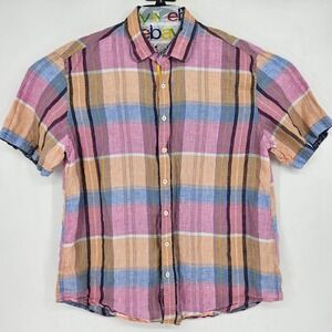 Bugatchi Shirt Mens XXL Short Sleeve Linen Plaid Button Up‎ Blue Pink Casual